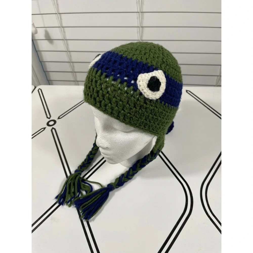 Kids Crochet Ninja‎ Turtle Hat With Braids Green Blue White Black Eye